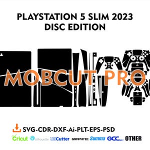 以下が含まれることがあります： PlayStation 5 Slim 2023 Disc Editionの白黒グラフィックデザイン。コンソール、コントローラー、テキスト「MOBCUT PRO」が含まれています。 CricutやSilhouetteなどのカッティングマシン用のファイルタイプ情報も含まれています。