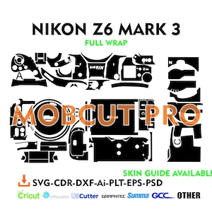 May include: Black and white digital camera skin wrap design for the Nikon Z6 Mark 3 camera. The design includes the camera's brand name and model number. The design is available in SVG, CDR, DXF, Ai, PLT, EPS, and PSD formats. The design is compatible with Cricut, Silhouette, US Cutter, Graphtec, Summa, GCC, and other cutting machines.
