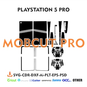 May include: A black and white graphic design for a Playstation 5 Pro, featuring console and controller outlines. The text "PLAYSTATION 5 PRO" and "MOBCUT PRO" are displayed. Includes file format options: SVG, CDR, DXF, AI, PLT, EPS, PSD.