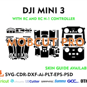 May include: A black and white digital illustration of a DJI Mini 3 drone and its remote control. The image includes the text "DJI Mini 3" and "WITH RC AND RC N-1 CONTROLLER".