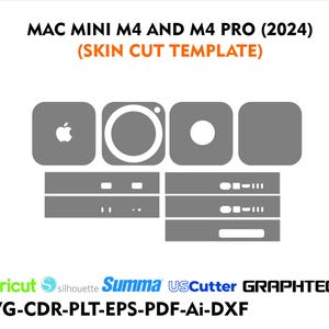 Könnte beinhalten: Eine graue Skin-Cut-Vorlage für das Mac Mini M4 und M4 Pro (2024). Die Vorlage enthält verschiedene Formen und Ausschnitte für das Gerät. Das Bild zeigt auch den Text "SKIN CUT TEMPLATE" und Logos von Schneidemaschinenmarken.
