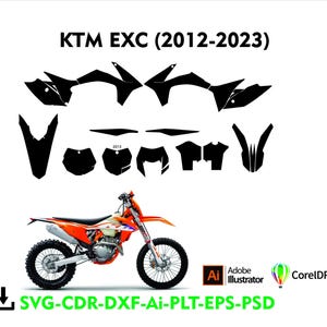 Op de afbeelding: Een oranje en witte KTM EXC motorfiets met zwarte grafische stickers. Boven de motorfiets bevinden zich zwarte grafische sjablonen. De tekst "KTM EXC (2012-2023)" staat bovenaan. Onder de motorfiets staat de tekst "SVG-CDR-DXF-Ai-PLT-EPS-PSD".