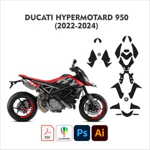 May include: A red and black Ducati Hypermotard 950 motorcycle with matching black decals. The image includes the text "DUCATI HYPERMOTARD 950 (2022-2024)" and icons for PDF, CorelDRAW, Photoshop, and Illustrator.
