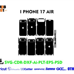 May include: Black phone skins for an iPhone 17 Air, with various cutouts for the camera and buttons. The image includes the text "I PHONE 17 AIR" and file type information. The Mob Cut Pro logo is in the upper left corner.