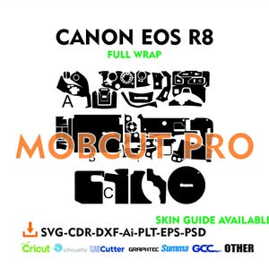 Könnte beinhalten: Eine schwarz-weiße digitale Kameraskin-Vorlage für die Canon EOS R8. Die Vorlage enthält alle Tasten und Bedienelemente der Kamera. Die Vorlage ist mit den Buchstaben A, B und C beschriftet. Die Vorlage ist für die Verwendung mit einer Cricut-, Silhouette-, USCutter-, Graphtec-, Summa-, GCC- oder anderen Schneidemaschine geeignet. Die Vorlage ist in den Formaten SVG, CDR, DXF, AI, PLT, EPS und PSD verfügbar.
