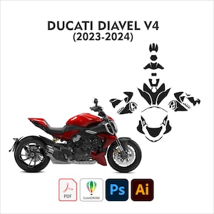 May include: A red and black Ducati Diavel V4 motorcycle with the text "DUCATI DIAVEL V4 (2023-2024)". The image also includes a set of black decals and icons for PDF, CorelDRAW, Photoshop, and Adobe Illustrator.