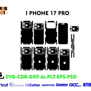 Puede incluir: Gráfico en blanco y negro de plantillas de iPhone 17 Pro. La imagen incluye varios diseños de skins para teléfonos, con el texto "I PHONE 17 PRO" en la parte superior. También incluye "SVG-CDR-DXF-Ai-PLT-EPS-PSD" y marcas de máquinas de corte compatibles.