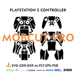 Könnte beinhalten: Schwarze und weiße Silhouette eines Playstation 5-Controllers, die die einzelnen Teile zeigt, die für ein individuelles Design ausgeschnitten werden können. Der Text "PLAYSTATION 5 CONTROLLER" und "MOBCUTPRO" befindet sich oben im Bild. Der Text "SVG-CDR-DXF-Ai-PLT-EPS-PSD" befindet sich unterhalb des Bildes. Der Text "Cricut silhouette USCutter GRAPHTEC Summa GCC OTHER" befindet sich unten im Bild.