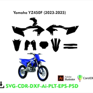 Könnte beinhalten: Ein blaues Yamaha YZ450F Dirtbike mit schwarzen Aufklebern und ein Satz schwarzer Aufklebervorlagen. Der Text "Yamaha YZ450F (2023-2025)" steht oben. Das Bild enthält auch Dateityp-Symbole für Adobe Illustrator und CorelDRAW.
