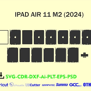 May include: A collection of black iPad Air 11 M2 (2024) skins and templates, including outlines and cutouts. The image also includes the text "IPAD AIR 11 M2 (2024)" and file format information: SVG, CDR, DXF, Ai, PLT, EPS, PSD.