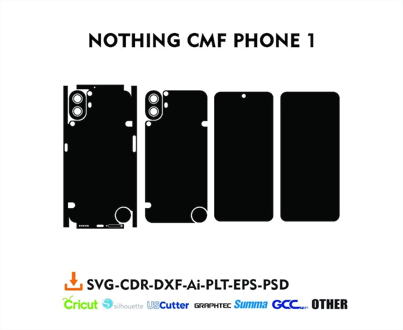 May include: Black and white silhouette of a phone case template for the Nothing CMF Phone 1. The template includes the phone's camera, buttons, and screen.