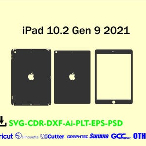 Puede incluir: Imagen de un iPad 10.2 Gen 9 2021. La imagen muestra tres contornos de iPad: dos negros sólidos y uno con una pantalla blanca. El logotipo de Apple es visible en los iPads negros. El texto incluye "SVG-CDR-DXF-Ai-PLT-EPS-PSD" y nombres de marcas.