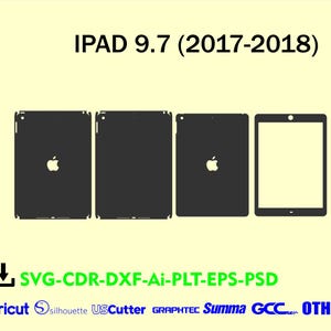 May include: A graphic showing four dark gray iPad 9.7 (2017-2018) templates. The templates include the front and back of the iPad, with the Apple logo visible on some. The text "IPAD 9.7 (2017-2018)" is at the top. Below are file format options and brand logos.