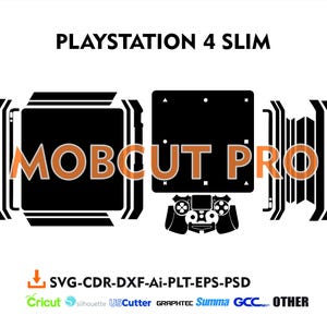 Op de afbeelding: Zwart-wit silhouetontwerp voor een Playstation 4 Slim console skin. Het ontwerp bevat de tekst "MOBOUT PRO".