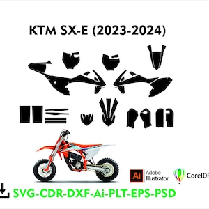 Könnte beinhalten: Grafik eines KTM SX-E (2023-2024) Dirtbikes mit schwarzen Aufklebern und dem Text "SVG-CDR-DXF-Ai-PLT-EPS-PSD". Das Bild enthält die Logos von Adobe Illustrator und CorelDRAW.