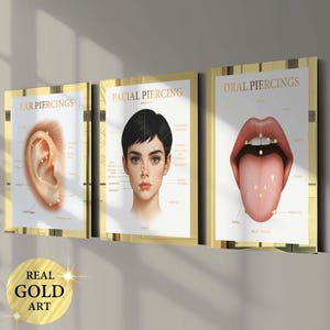 3 Piercing Art Prints Face Piercings Ear Piercing Oral Piercings Tongue Piercings Types Diagram Piercing Salon Decor Piercer Gift Gold Art