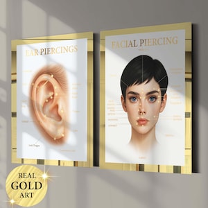 Set 2 Piercing Poster Ear Piercing Face Piercing Diagram Piercings Types Chart Piercing Studio Wall Decor Med SPA Fashion Art Gold Wall Art