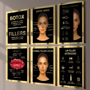May include: A set of six black and gold informational posters detailing cosmetic procedures. The prints feature anatomical diagrams of a face and lips with labelled treatment zones, alongside text-based guides for Botox and filler aftercare.