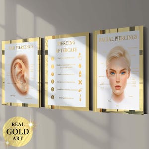 Set 3 Piercing Posters Ear Piercing Diagram Face Piercing Chart Beauty Treatment Piercing Salon Decor Piercer Gift Gold Wall Art