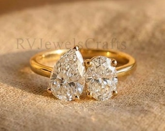 Toi et Moi Moissanite Engagement Ring: Pear & Oval Two Stone, Minimalist Style