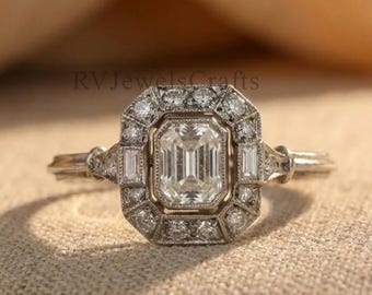 1,50 kt smaragd geslepen diamanten haloring, 14 kt witgouden art-deco vintagestijl