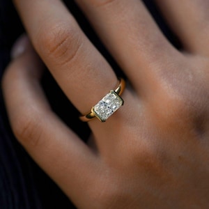 2.5CT Radiant Cut Moissanite Diamond East West Half Bezel Set Solitaire Engagement Ring Gift For Her, 14k Solid Yellow Gold Wedding Ring