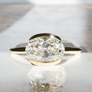 14KT Solid Yellow Gold Ring 2.0Ct Oval Cut Moissanite Ring Engagement Ring East West Half Bezel Setting Diamond Ring Gifts For Women