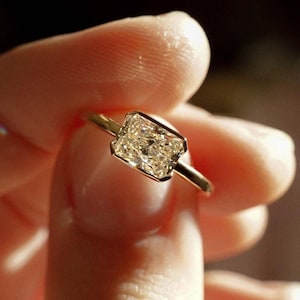 Radiant Cut Moissanite East West Half Bezel Set Solitaire Engagement Ring 14K Solid Gold Diamond Wedding Anniversary Gift Ring