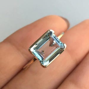 Aqua Emerald Cut East West Diamond Ring, 14K Gold East To West Diamond Ring, March Birthstone Ring