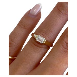 East To West Emerald Cut Moissanite Engagement Ring, 1.0ct Emerald Cut Half Bezel Setting Wedding Ring, Designer Emerald Cut Solitaire Ring