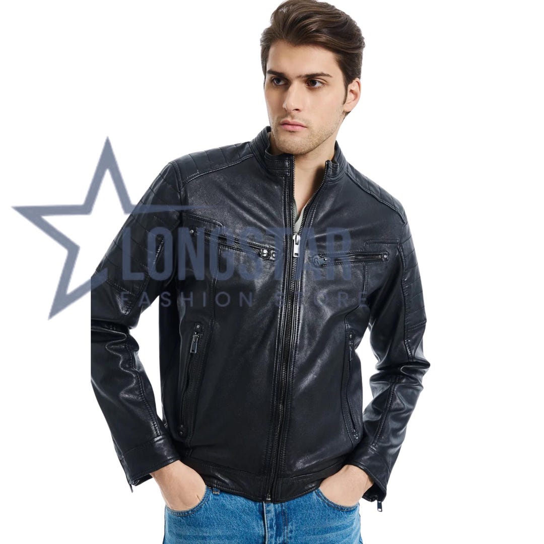 Mens Black Biker Leather Jacket Genuine Cowhide Cafe Racer