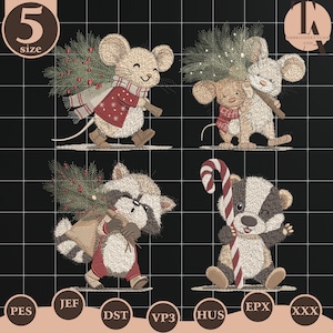 Op de afbeelding: Digitaal borduurontwerp met vier feestelijke dieren: een muis, een wasbeer en een das, elk met een kerstboom of zuurstok. Bevat het nummer "5" en diverse bestandsformaatlabels.