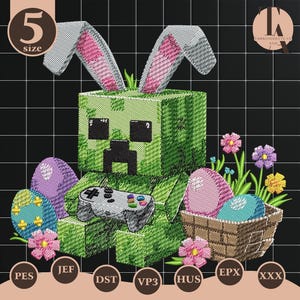 May include: An embroidered design featuring a green pixelated character with bunny ears, holding a game controller. Easter eggs and a basket of flowers are included. The design is surrounded by various embroidery file format labels.