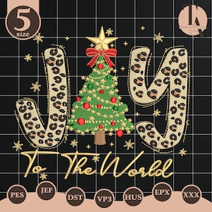 May include: A Christmas-themed design with the word "JOY" in a leopard print pattern, a decorated Christmas tree, and the phrase "To The World" in gold script. The design includes snowflakes and a gold star.