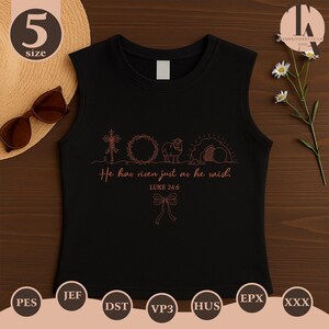 May include: Black sleeveless shirt with embroidered design. The design includes a cross, wreath, lamb, and tomb, with the text "He has risen just as he said. Luke 24:6". A size 5 label is visible.
