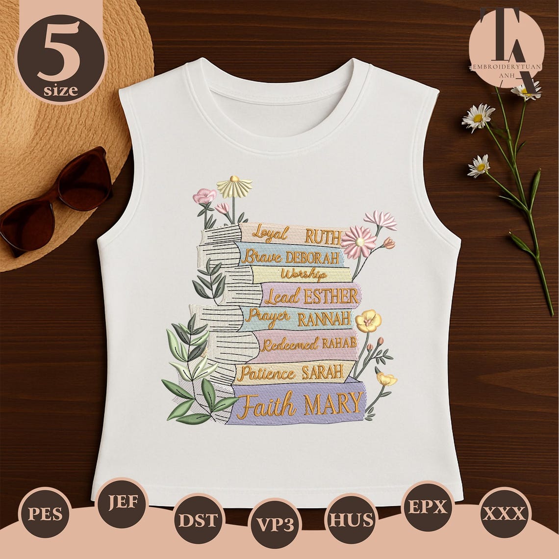 Women of the Bible Embroidery Design, Christian Faith Stack of Books ...