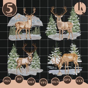May include: Four embroidered deer designs with intricate details, set against snowy landscapes and evergreen trees. Each design features a majestic deer with large antlers, in shades of brown and white. The designs are on a black background.