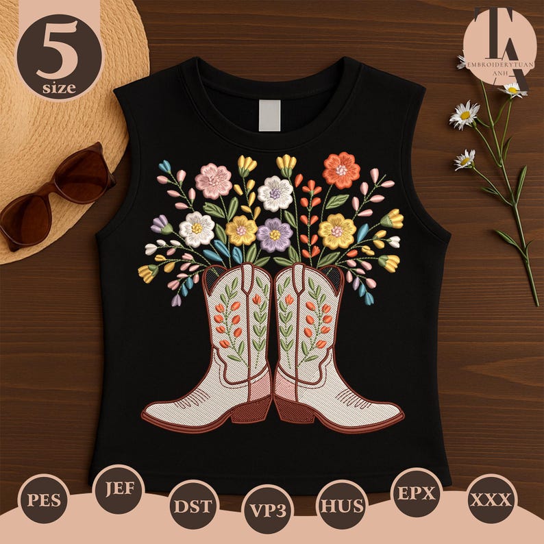 Vintage handmade floral embroidered brown cowboy boots