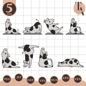 May include: A collection of black and white cow illustrations in various yoga poses. The image includes the number "5" in a brown circle, and file type abbreviations at the bottom. The background is a grid.