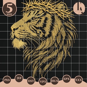 May include: Gold embroidered lion head design with a crown of thorns on a black background. The image includes the text "5 size" and various file format icons. The lion's mane and facial features are intricately detailed.