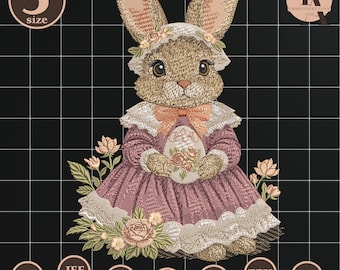 Easter Bunny Embroidery Design, Vintage Bunny in Pink Dress Embroidery, Girl Bunny Embroidery Pattern, Spring Animal Floral File