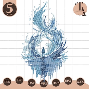 May include: An embroidered design featuring a person standing before a swirling blue wave pattern. The design includes the text "5 size" and various file format labels. The image has a grid background.