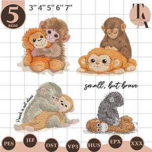 May include: Embroidery designs of cartoon monkeys in different poses, including hugging and lying down. The designs feature the text "small, but brave" and "Punch is not alone". Sizes range from 7.6 to 17.8 cm.