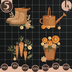 Puede incluir: Un conjunto de diseños de bordado con motivos de jardinería. Los diseños incluyen botas de agua, una regadera, zanahorias y una maceta, en tonos marrones y naranjas. Los diseños están sobre un fondo negro cuadriculado.