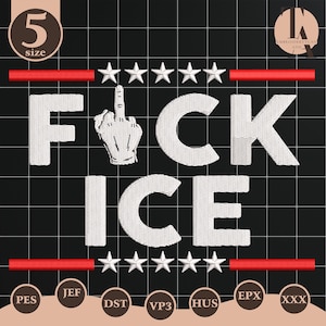 May include: White embroidered design on a black background. The design features the word "F*CK" with a hand giving the middle finger, and the word "ICE" below. Above and below the words are rows of white stars and red lines. The size is 5.
