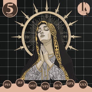 May include: An embroidered design featuring a woman in prayer, with a halo and radiating lines. The woman wears a black veil with gold accents and a beaded necklace. The design is set against a black grid background, with the number 5 and various file type labels.
