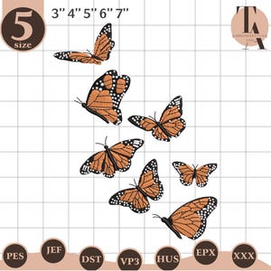 May include: An embroidery design featuring seven orange and black monarch butterflies of varying sizes, ranging from 7.6 to 17.8 cm. The design includes the text "5 size" and various file format labels.