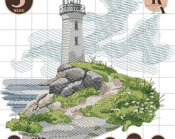 Lighthouse on Rocky Coast Embroidery Design, Scenic Ocean Landscape Embroidery Pattern, Coastal Sea Machine Embroidery File