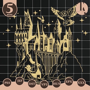May include: Gold embroidery design of a castle, owl, and stars on a black background. The design includes the text "5 size" and various file format labels. The castle is detailed with towers and arched windows.