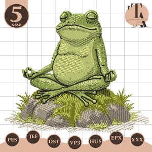 Broderidesign för meditationsgroda, zen-djurstygnsfil, broderi för yoganatur, presentidé för avslappning och lugn